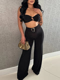 DAIIIBABYYY  -  Solid Slimming Two Piece Sets for Women Strapless Sleeveless Short Tops High Waist Spliced Metal Pants Chic Set Female New