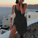 Daiiibabyyy  Irregular Hem Design Party Holiday Mini Chic Dresses For Women Solid Color U Neck Straps Draped Casual Sexy Tank Dress