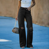 Daiiibabyyy 2024 Women Ripped Denim Pants Vintage High Waist Straight Jeans Long Pants Black Autumn Loose Wide Leg Pants