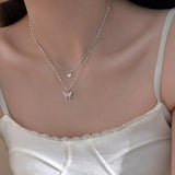 Daiiibabyyy S925 Sterling Silver Double Layer Butterfly Necklace for Women INS Small Fresh Shiny Zircon Clavicle Chain Jewelry Accessories