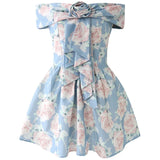 DAIIIBABYYY  -  Women's One-shoulder Floral Print Waist Slim Tube Top Dresses Summer Backless Three-dimensional Rose Ribbon Princess Tutu Dress