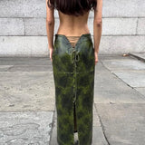 Daiiibabyyy Pu Leather Print Hollow Lace Up Split Long Skirt Women Spring Autumn 2024 High Waist Slim Casual Bodycon Bottom Trend Streetwear