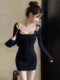 DAIIIBABYYY  -  Elegant Knitted Dresses for Women Fashion Chic Long Sleeve Lace-up Evening Party Mini Dress Female One Piece Casual Vestidos New
