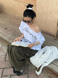 DAIIIBABYYY  -  White Off Shoulder Print T Shirt Women Clothes Short Sleeve Korean Fashion Streetwear Loose Cotton Summer Tops Y2k Tees