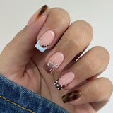 Daiiibabyyy  24pcs Retro Brown French Style Press On Nails Cute Bowknots Coffee Bean Polka Dot Decor False Nails Mid-length Coffin Fake Nail