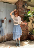 Daiiibabyyy  Streetwear Floral Midi Skirt Women Fashion Ruffles Asymmetrical Skirts Summer Ladies Elegant Korean Blue Design A Line Faldas