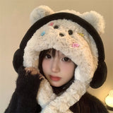 Daiiibabyyy  1pc Headphone-Style Puppy Hat for Women, Autumn & Winter Cute Fleece Hat-Scarf Set, Thickened Warm Ear & Neck Protection