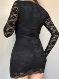 DAIIIBABYYY  -  Sexy Slim Lace Bodycon Dress Casual Bow V-Ncek Long Sleeve Mini Dresses For Women 2025 Spring Autumn Streetwear Lady