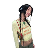 Daiiibabyyy  Women's Long Sleeve Versatile T-shirt Street Style Printed Cotton Silk Slim Fit round Neck Short Length Text Pattern Top