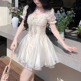 Daiiibabyyy  Summer French Style Square Collar Mini Dress Fashion Gauze Lace Spliced Female Clothing Elegant Puff Sleeve Ball Gown Dresses