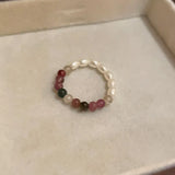 DAIIIBABYYY  -  Retro Beaded Pearl Ring for Women Fade-Resistant Unique Design Finger Ring Colorful Beaded Geometric Shape Temperament Jewelry