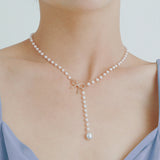 Daiiibabyyy  Sweet Pearl Tassel Bow Charm Necklace Girls Simple Temperament Clavicle Chain Daily Party Fashion Jewelry