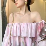 DAIIIBABYYY  -  Spring New Women Pure Desire Wind One Shoulder Loose Shirt Pink Flower Printing Ruffles Thin Style Chiffon All-match Tops