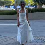 Daiiibabyyy  Elegant White Halter A-line Dress Women Minimalist Pleat Splice Square Neck Backless Lace Up Vestido Summer Date Party Gown