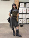 Daiiibabyyy  Japanese Vintage Fashion Plaid Mesh Skirts Women Chic Bow Y2k Elegant Mid Skirts Harajuku Lace Up Short Korean Popular Clothes