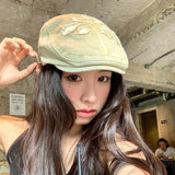 Daiiibabyyy  Women's Cute Hats Vintage Cool Style Floral Distressed Denim Wearing Newsboy Hats Upside Down Spring Summer Street Baseball Caps