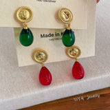 Daiiibabyyy  INS Fashion Red Green Color Natural Stone Water Drop Smile Sunflower Dangle Earrings for Women Statement Casual Jewelry