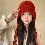 Daiiibabyyy  Korean Winter Wool Tassel Knitted Ear Protection Hat for Women Winter Warm Crochet Earmuffs Caps Girl Pullover Beanie Bonnet