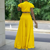 DAIIIBABYYY  -  Women 2 Pieces Skirts Sets Solid Blouse Short Sleeve Deep V Neck & Long SKirts Loose Floor Length Elegant Birthday Party Clothes