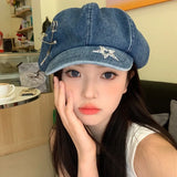 DAIIIBABYYY  -  Spring and Summer Y2K Big Head Flash Diamond Star Pin Denim Beret Hat Women's Niche Trend Retro Octagonal Short Brim Newsboy Cap