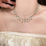 DAIIIBABYYY  -  2024 Fashion Blue Zircon Double Layered Shell Pendant Necklace for Women Exquisite Crystal Tassel Necklace Wedding Jewelry Gifts