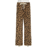 DAIIIBABYYY  -  Brown Leopard Print Casual Pants Autumn Winter Warm Lace-up Low Rise Straight Pants for Women y2k Streetwear Trousers New