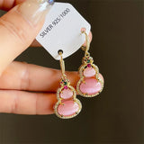 DAIIIBABYYY  -  New Chinese Traditional Pink Jade Gourd Shape Drop Earrings Women Ear Buckle Style Rhinestone Earring Wedding Jewelry