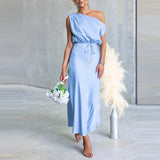 Daiiibabyyy  Off Shoulder Dresses Fashion Women's Diagonal Collar Lace Up A-line Dress Casual Solid Color Sleeveless Party Long Dress