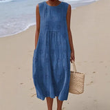 DAIIIBABYYY  -  Vestidos Mujer Casual Round Neck Vacation Dress Spring Print Pocket Pleated Long Dress New Summer Sleeveless Tank Womens Dresses
