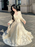 Daiiibabyyy  V Neck Lace Sweet Bow Dresses Women Flare Sleeve Temperament Robe Femme Vestidos De Mujer Tunic A-line Korean Maxi Dress