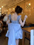 Daiiibabyyy  Bow trailing on the run Princess skirt French dress Women's spring and summer adult dress Waist short skirt