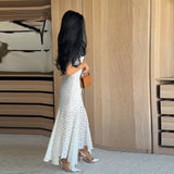 Daiiibabyyy  French Style White Lace Midi Dresses Women Trendy Sleeveless Crew Neck Bodycon Mermaid Hem Elegant Bridesmaid Wedding Guest Gown