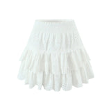 Daiiibabyyy  Spicy Girl Embroidered Hollow Pleated Camisole With Elastic Waist Skirt White Eyelet Embroidery Top And Ruffle Mini Skirt ZM2N