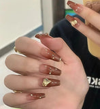 Daiiibabyyy 24pcs French Short Caramel Color Gradient Phnom Penh False Nails Press on Reusable Stick-on Full Cover Fake Nail with Glue
