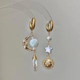 Daiiibabyyy  Luxury Vintage Style Sun Moon Asymmetric Faux Pearl Women Dangle Earrings Suitable For Banquet And Dinner Matching