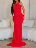 Daiiibabyyy  Solid Slimming Backless Temperament Dresses for Women Round Neck Sleeveless High Waist Spliced Metal Dress Female Fashion