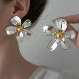 Daiiibabyyy  Exaggerated Glossy Flower Earrings for Women in Europe and America Stud Earring Light Luxury Temperament Fashionable Jewelry