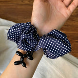 Daiiibabyyy  1PC Navy Blue Polka Dot Hair Accessory With Cute Black Balloon Dog Charm For Women, Fashionable Elastic Hair Tie For Daily Wear