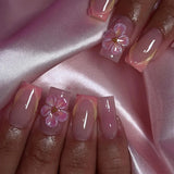 Daiiibabyyy  24Pcs Mid-length Square Head False Nails Press on Green French 3D Flower Design Fake Nails Reusable Finished Full Cover Nail Tip