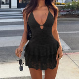 Daiiibabyyy  Hottie Lace Dress Summer Holiday Rave Party New Outfit Halter V-neck High Waist Open Back Solid Lacing Pleated Mini Dresses