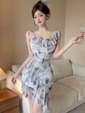 DAIIIBABYYY  -  New Print Mesh Ruffled Sling Short Dress Summer Elegant Casual Beach Style Dress Women Korean Fashion Bodycon Evening Dress