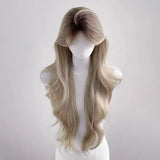 Daiiibabyyy  Asian Beauty Gradient Color Long Curl Wig Women's Middle Part Milk Tea Grey Golden Top Dyeing Atmosphere Full Head Cover