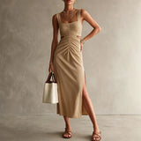 Daiiibabyyy  Elegant Side Slit Hight Waist Slim Summer Dress  Women Casual Draped Party Dresses Fashion Square Neck Hollow Out Long Dress