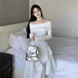 Daiiibabyyy  New Lady Sexy One Shoulder Vacation Dress Spring Women Solid Color Ruched Dress Female Chic Korean White Slim Fit Dress