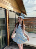 DAIIIBABYYY  -  Design Sense Niche Girl Sleeveless Short Style Small Fresh Blue Checkered Headband 2025 New Women Summer Slimming Dress