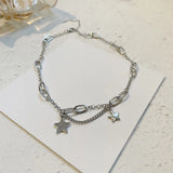 Daiiibabyyy New Fashion Shiny Star Layered Tassel Choker Necklace Y2k Jewelry Women Pentagram Silver Color Chain Zircon Charm Necklaces