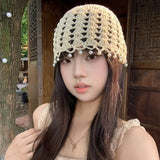 Daiiibabyyy  Casual Sweet Crochet Hollow Knitted Hat Beads Tassels Bohemian Style Knit Beanies Korean Handmade Weave Cap Outdoor