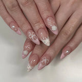 Daiiibabyyy  24Pcs 3D Bow Strawberry False Nails Art Mid-length Almond Full Cover Nails Tips Pink Smudge Pearl Detachable Press on Fake Nails