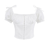 Daiiibabyyy  Sexy White U Collar Metal Hook Buttons Short Puff Sleeve Shirt Women Tie Bow Shoulder Center Slim Crop Tops Black