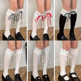 DAIIIBABYYY  -  Japanese Lolita Lace Cotton Calf-length Socks Sweet Bow Ribbon Kawaii Women Long Socks Drawstring JK Cosplay Accessories